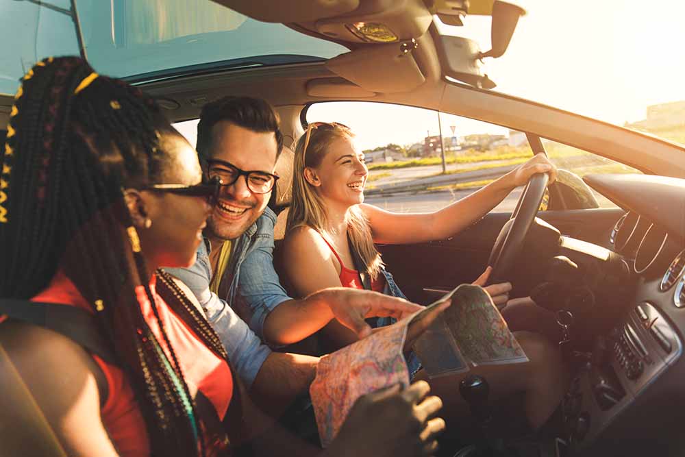 Three friends on a road trip