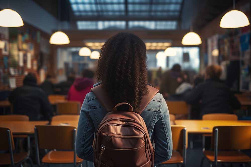Jeune femme portant un sac à dos noir dans une salle de cours au cégep