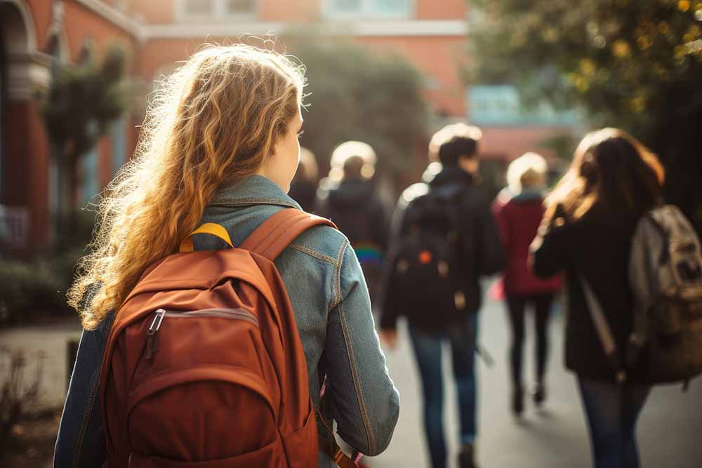 Young woman with a backpack going to class