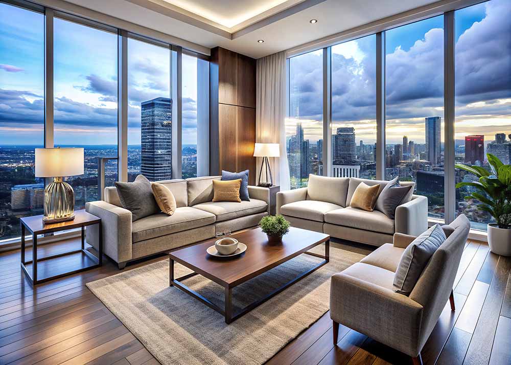 Modern condo with windows showing a downtown view